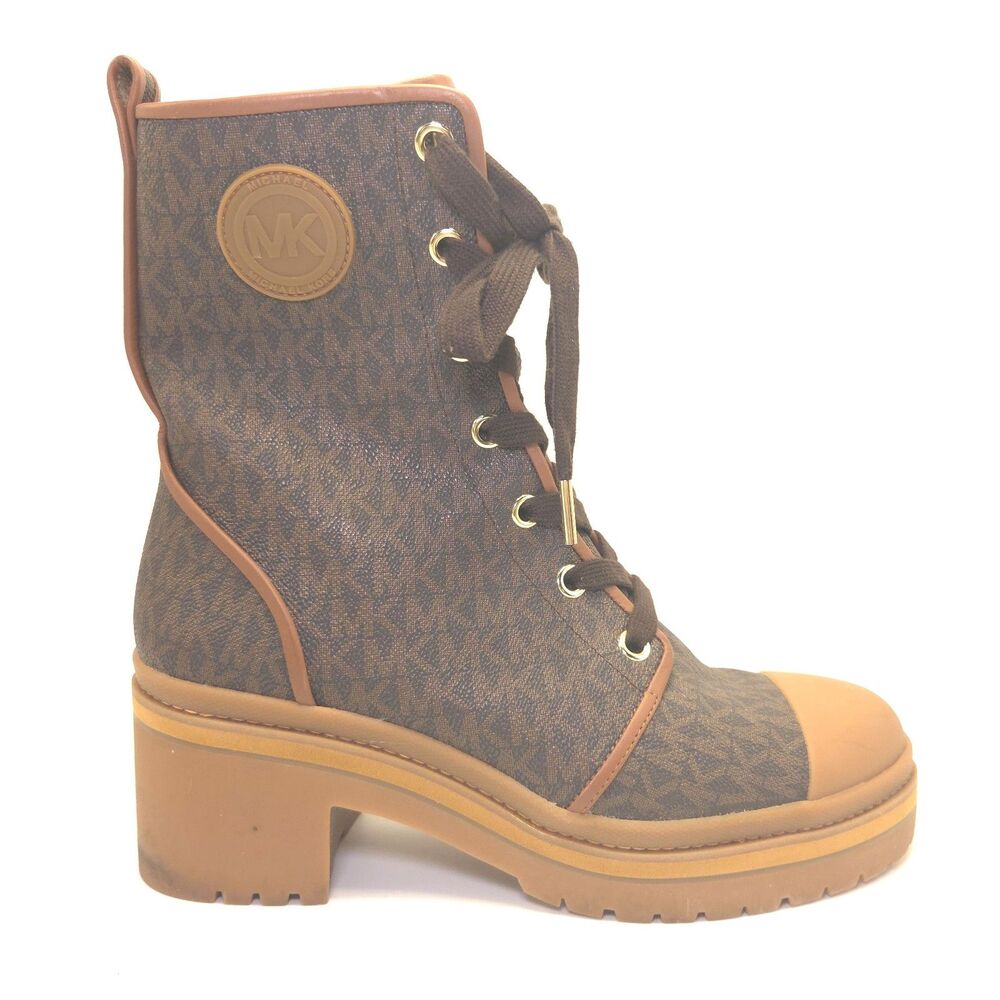 Michael Kors Corey Logo Combat Boots Brown MK Signature Women's 10M NWOT